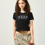 Old English Ringer Ladies Crop Top